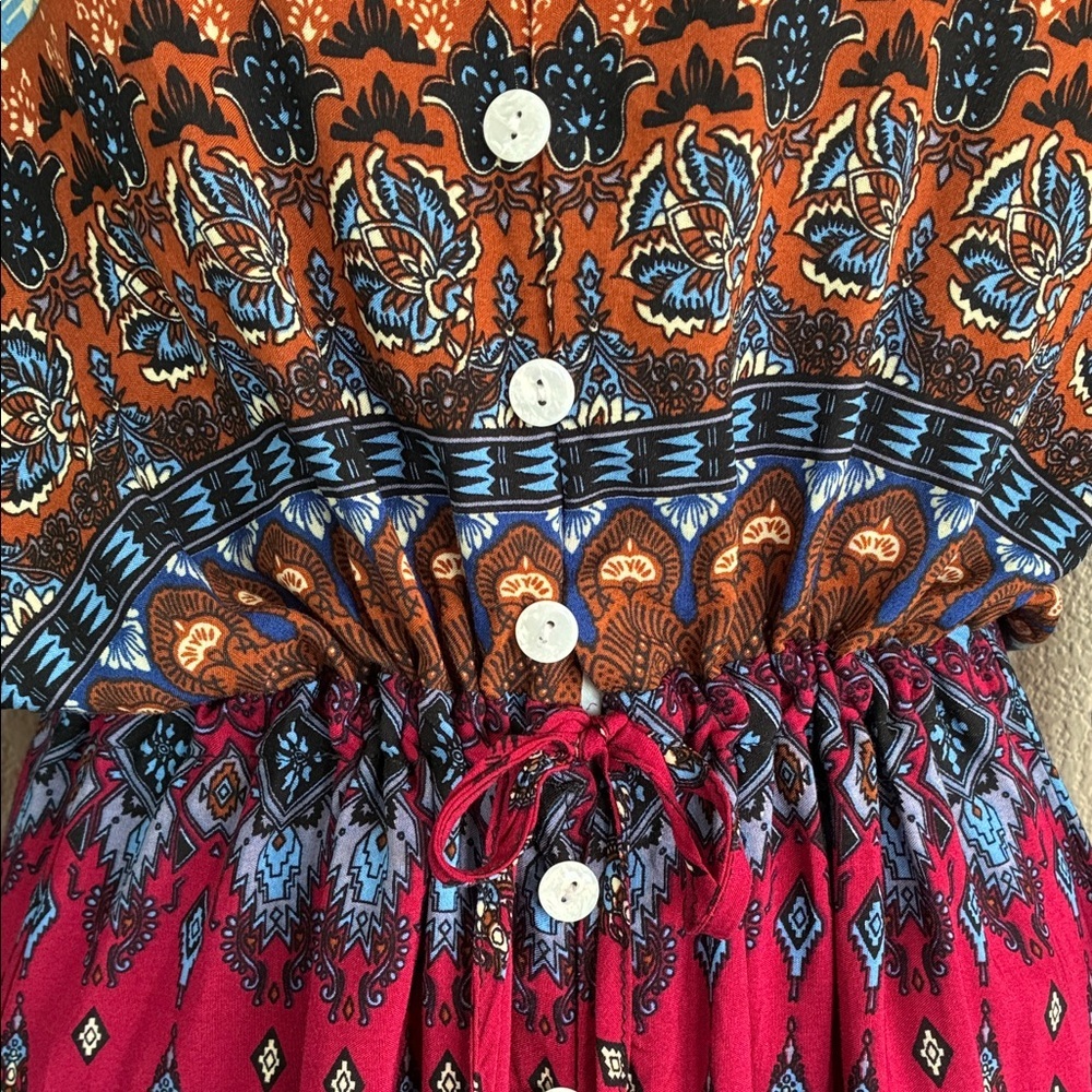 R. VIVIMOS Dress, Women's, M, EUC, Red & Blue Maxi, Buttons, Drawstring Waist. - Picture 7 of 15